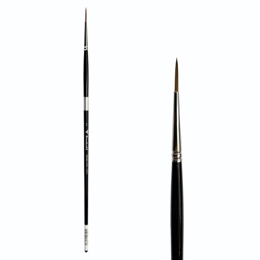Trekell Sienna #2 Liner Brush, full-length black-handled pointed brush beside an enlarged view of its fine brown tip.