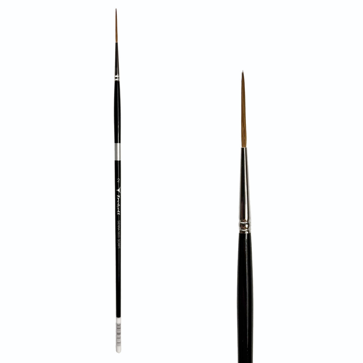 Trekell Sienna #2 Script/Rigger Brush, full-length black-handled pointed brush beside an enlarged view of its fine brown tip.