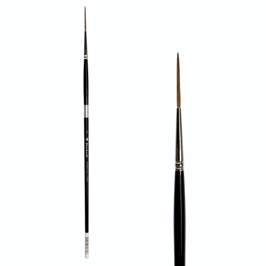 Trekell Sienna #2 Script/Rigger Brush, full-length black-handled pointed brush beside an enlarged view of its fine brown tip.