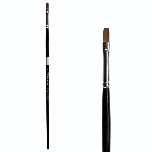 Trekell Sienna #4 Bright Brush with a long black handle, silver ferrule and close-up of its short, broad, square-ended brown bristles.