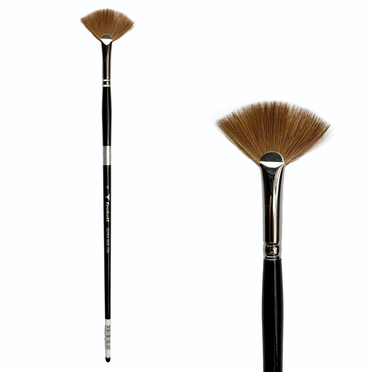 Trekell Sienna #4 Fan Brush, full-length black-handled fan brush beside an enlarged view of its spread brown bristles.
