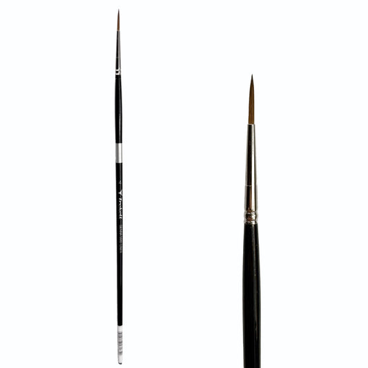 Trekell Sienna #4 Liner Brush, full-length black-handled pointed brush beside an enlarged view of its fine brown tip.