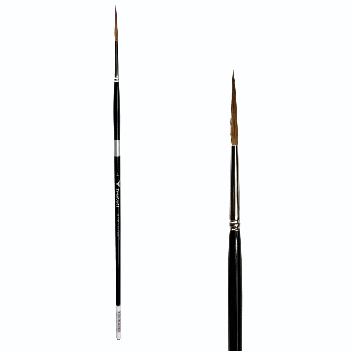 Trekell Sienna #4 Script/Rigger Brush, full-length black-handled pointed brush beside an enlarged view of its fine brown tip.