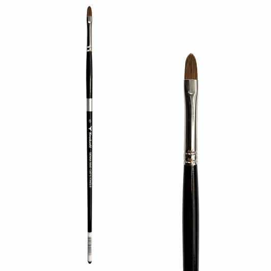Trekell Sienna #6 Cat's Tongue Brush, full-length black-handled rounded brush beside an enlarged view of its brown oval tip.