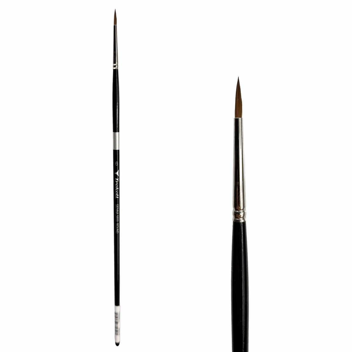 Trekell Sienna #6 Round Brush with a long black handle, silver ferrule and close-up of its tapered, pointed brown bristles.
