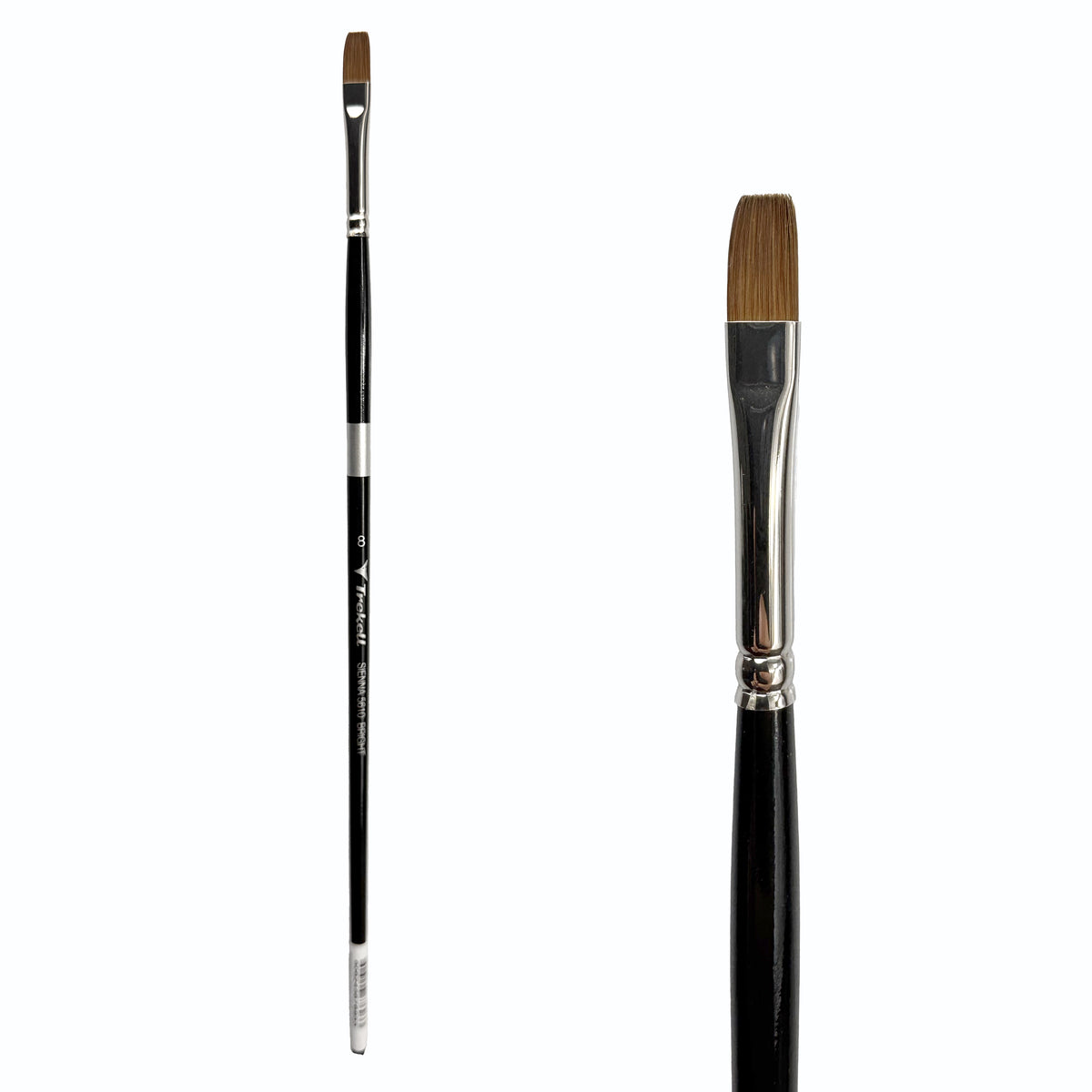 Trekell Sienna #8 Bright Brush, full-length black-handled flat brush beside an enlarged view of its squared brown tip.