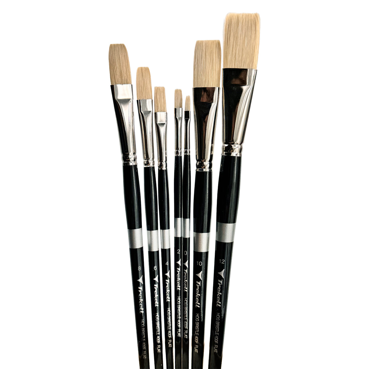 Trekell Hog Bristle Long Handle Artist Brush - Complete Set - Flat, showing a set of brushes with straight-edged flat bristles.