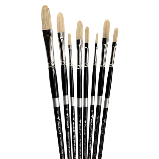 Trekell Hog Bristle Long Handle Artist Brush - Complete Set - Long Filbert, showing a set of brushes with long, flat bristles with a rounded tip.