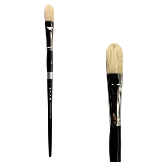 Trekell Hog Bristle Long Handle Artist Brush - Size #10 Filbert, with flattened bristles and a rounded tip.