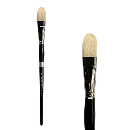 Trekell Hog Bristle Long Handle Artist Brush - Size #12 Filbert, with flattened bristles and a rounded tip.
