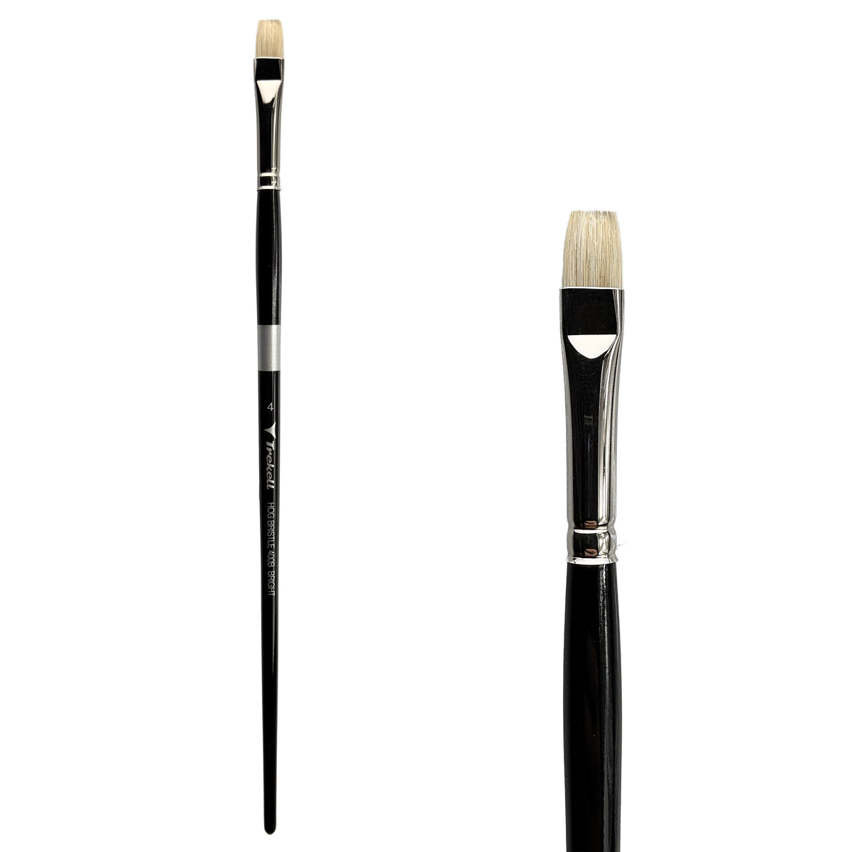 Trekell Hog Bristle Long Handle Artist Brush - Size #4 Bright, with short, straight-edged flat bristles.