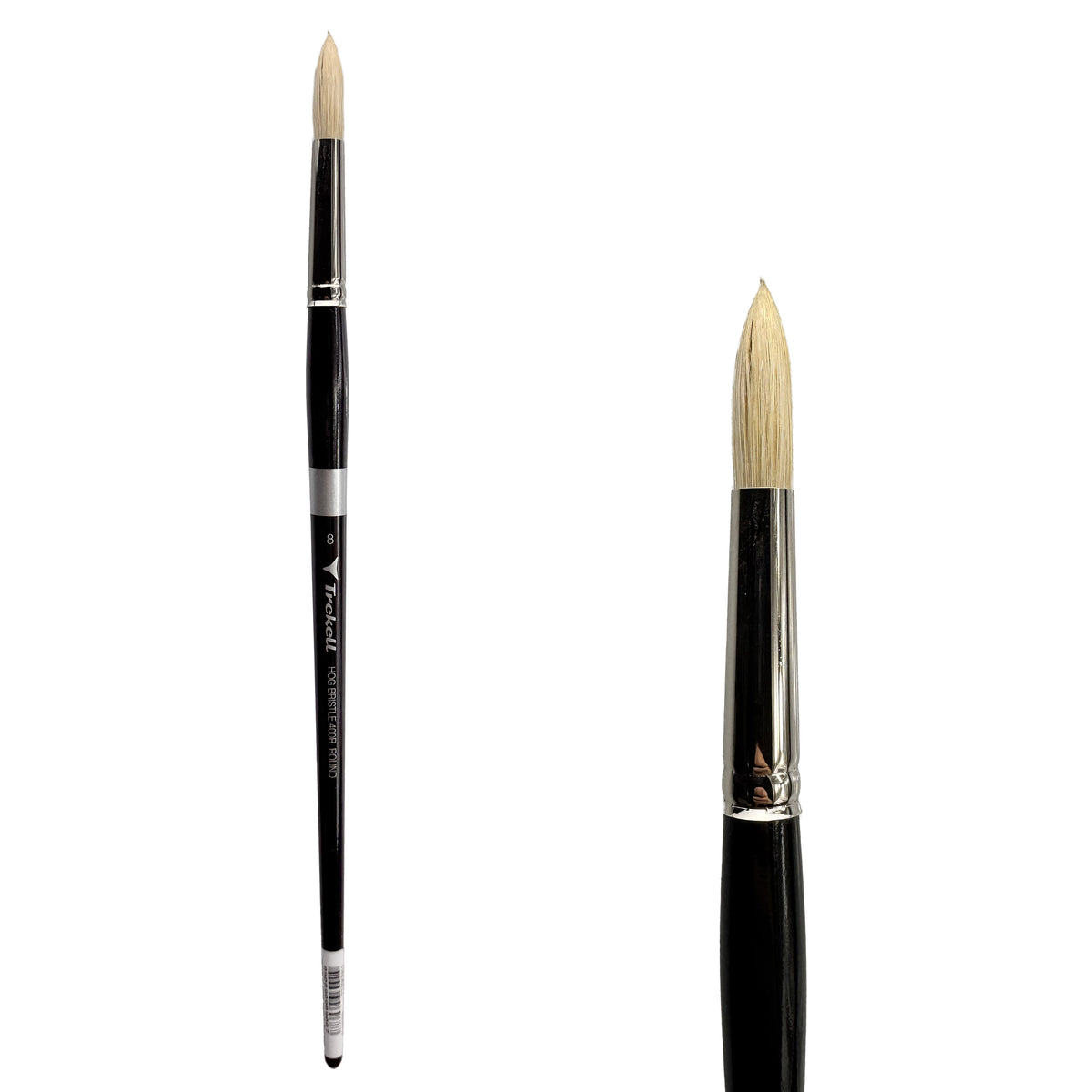 Trekell Hog Bristle #8 Round Brush - Long Handle, with rounded, pointed bristles.