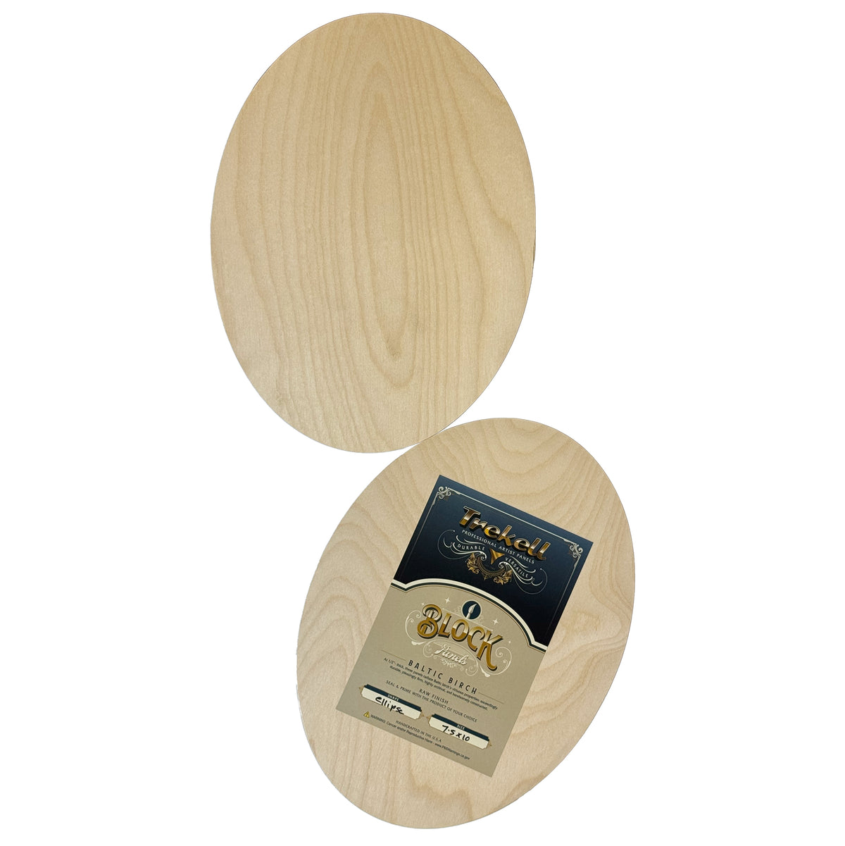 Trekell Unprimed Oval Panel, oval front and labeled back shown together, with natural wood grain.