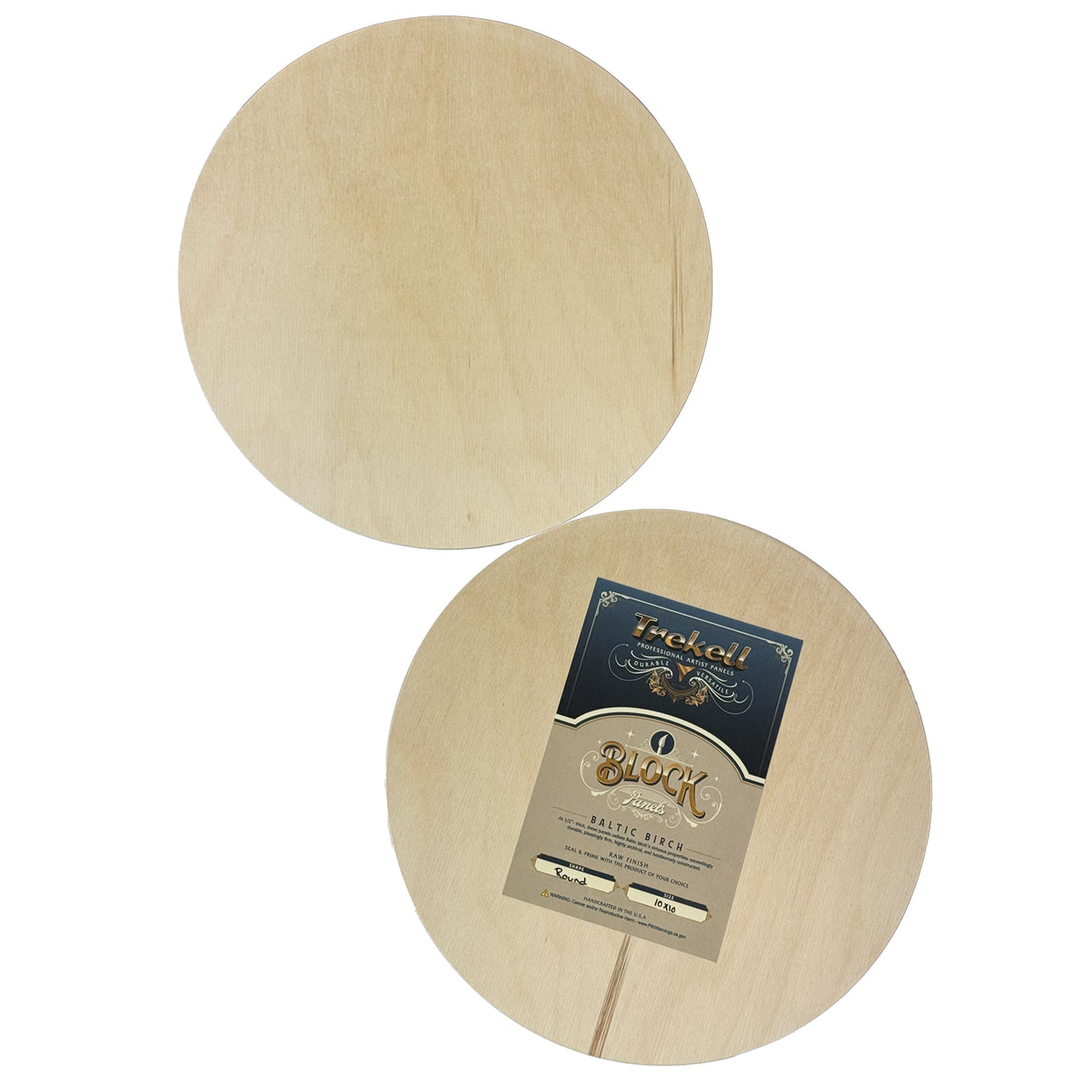 Trekell Imperfect 10" Round Panel, round front and labeled back shown together, with natural wood grain.