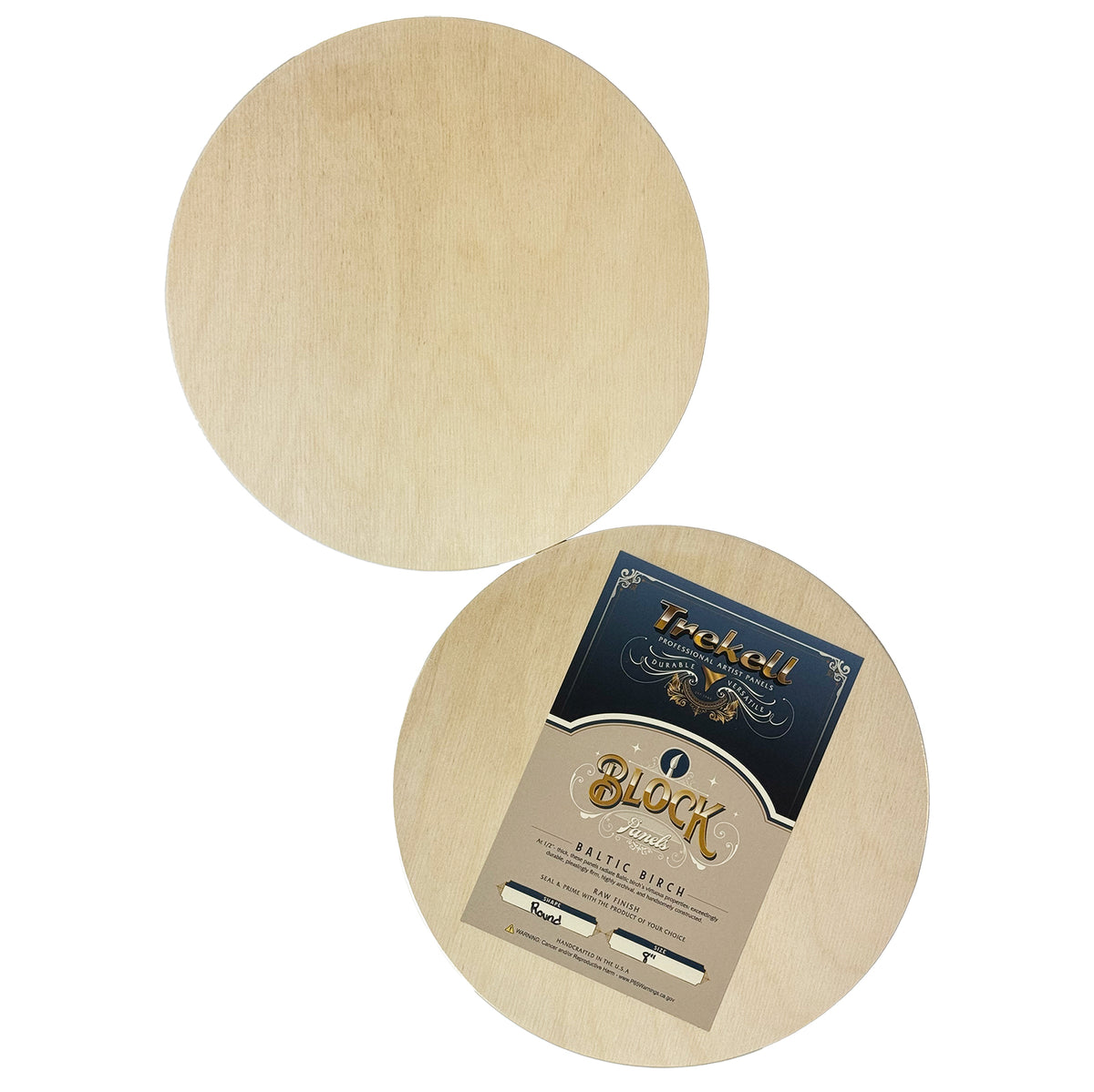 Trekell Imperfect 8" Round Panel, round front and labeled back shown together, with natural wood grain.