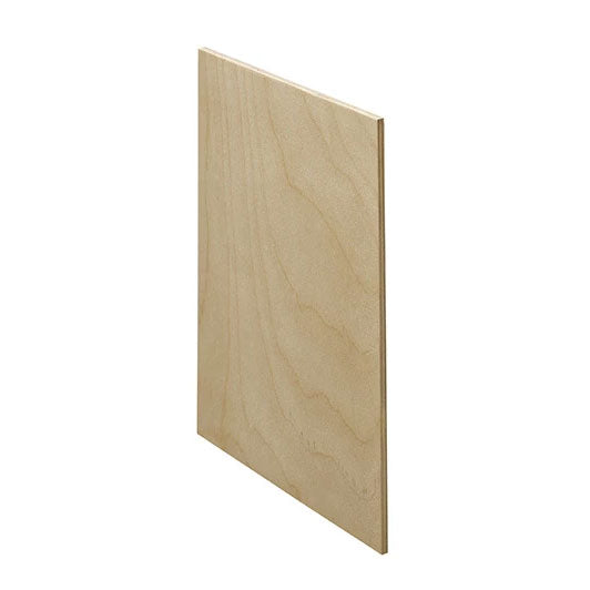 Trekell Unprimed Wood Panel, unpainted rectangular wood panel at an angle, showing its grain and thin edge.