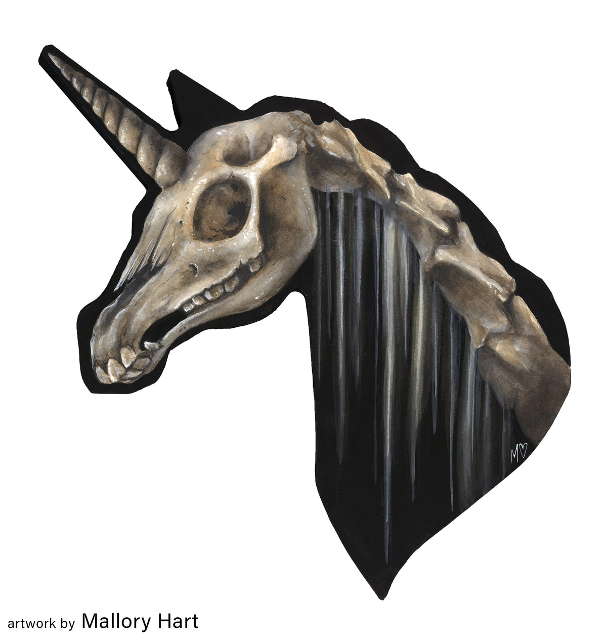 Unicorn skull with a long black mane painted on a unicorn-shaped panel, credited to Mallory Hart.