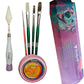 Four green-handled brushes, a palette knife and a soap tin beside a purple illustrated box.