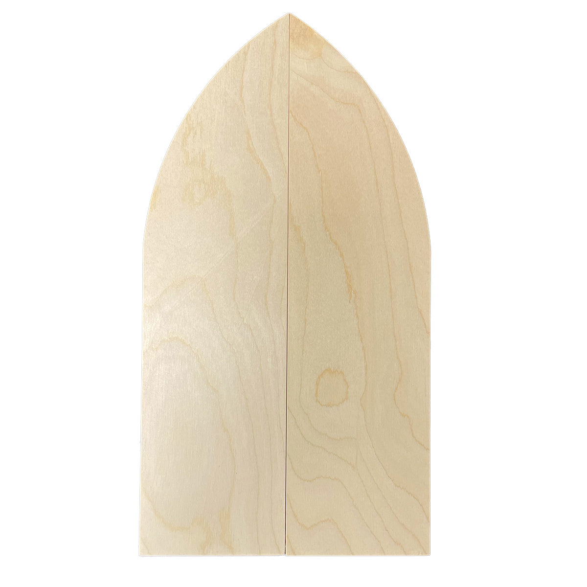 Gothic Arch altar panel closed, bare wood with pointed top and central door seam.