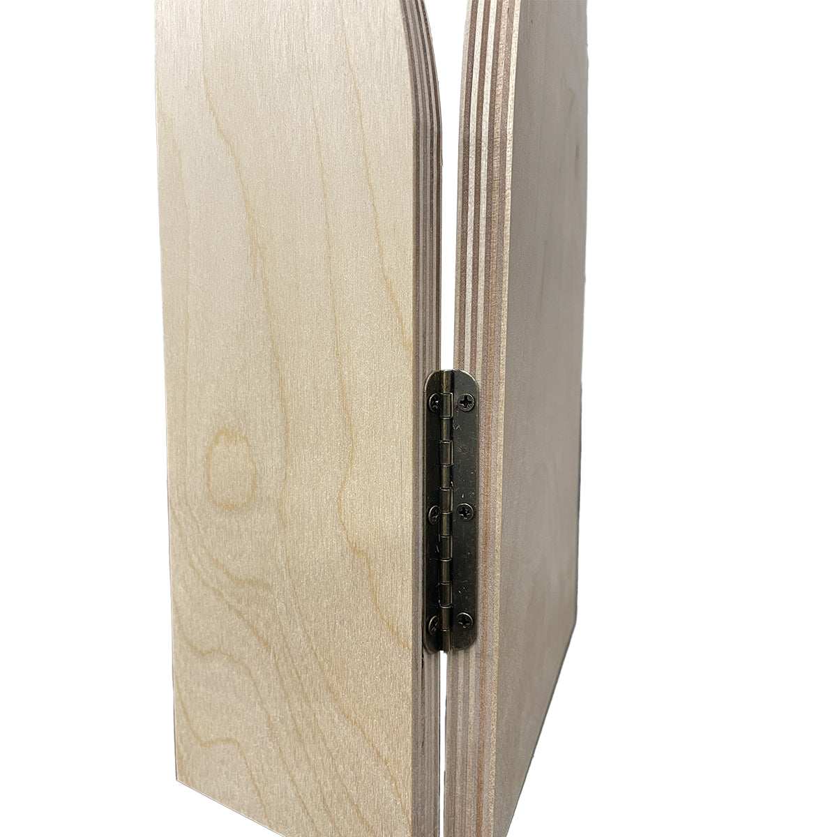 Close-up of a black hinge joining the wooden Gothic Arch altar panel sections.