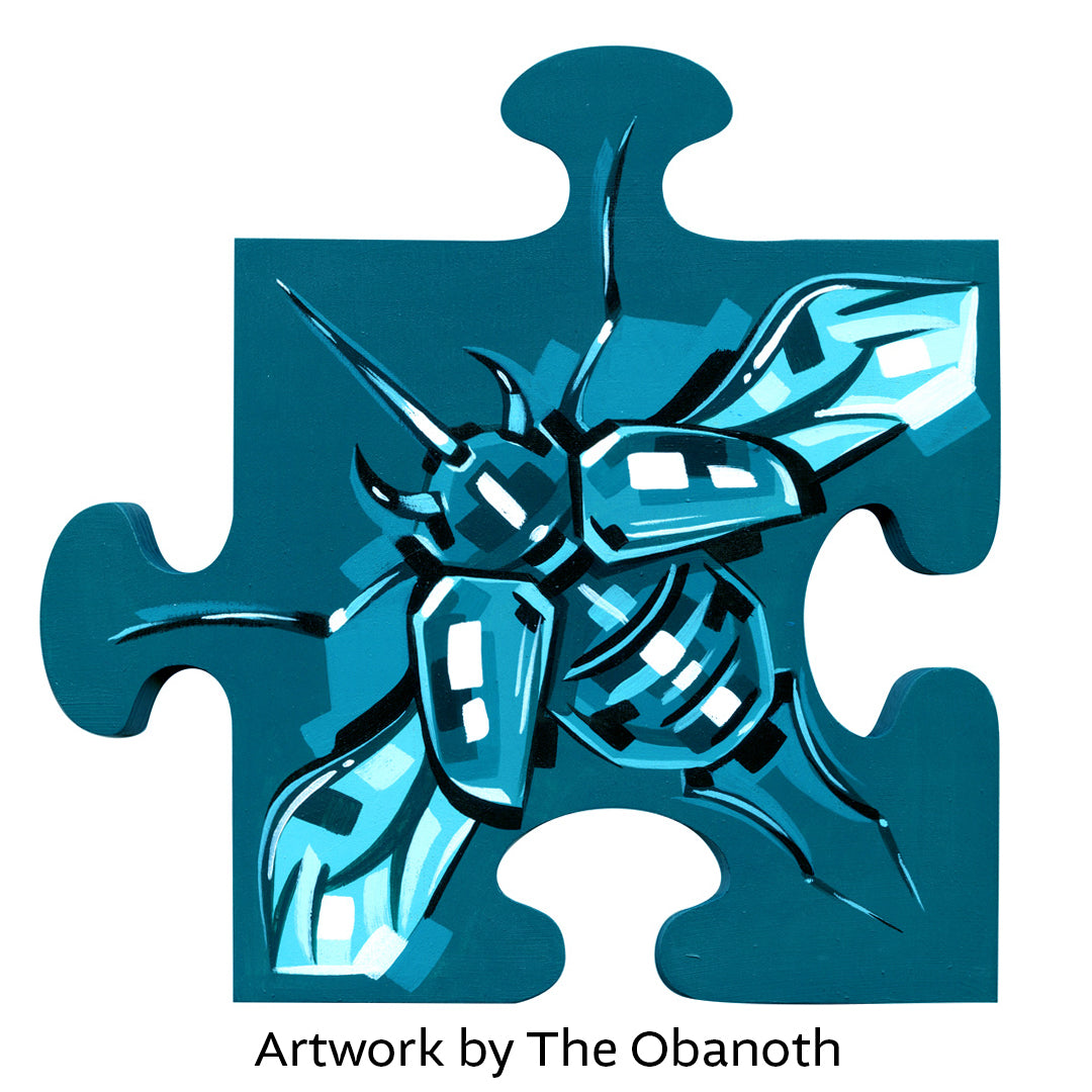 Faceted turquoise bee on a teal puzzle-piece panel, credited to The Obanoth.