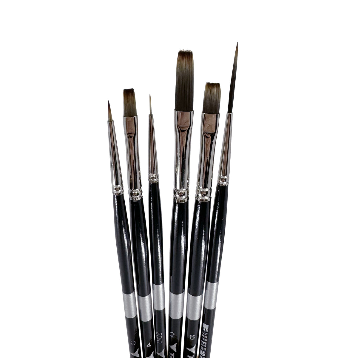 Trekell Spectrum Long Handle Top Sellers Brush Set, six black-handled brushes with assorted pointed and flat tips.
