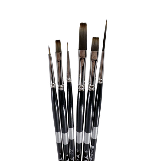 Trekell Spectrum Long Handle Top Sellers Brush Set, six black-handled brushes with assorted pointed and flat tips.