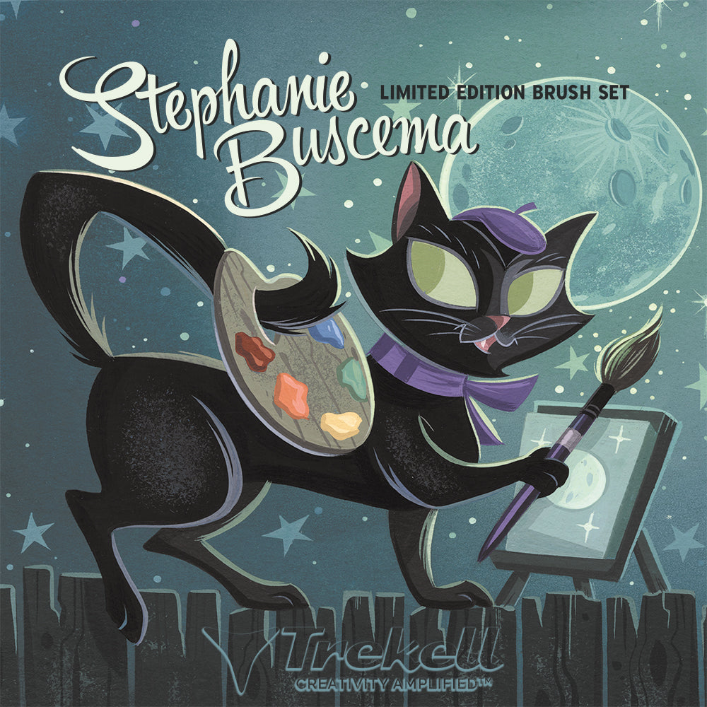 Stephanie Buscema brush-set artwork, a black cat painting at an easel beneath a starry teal sky.