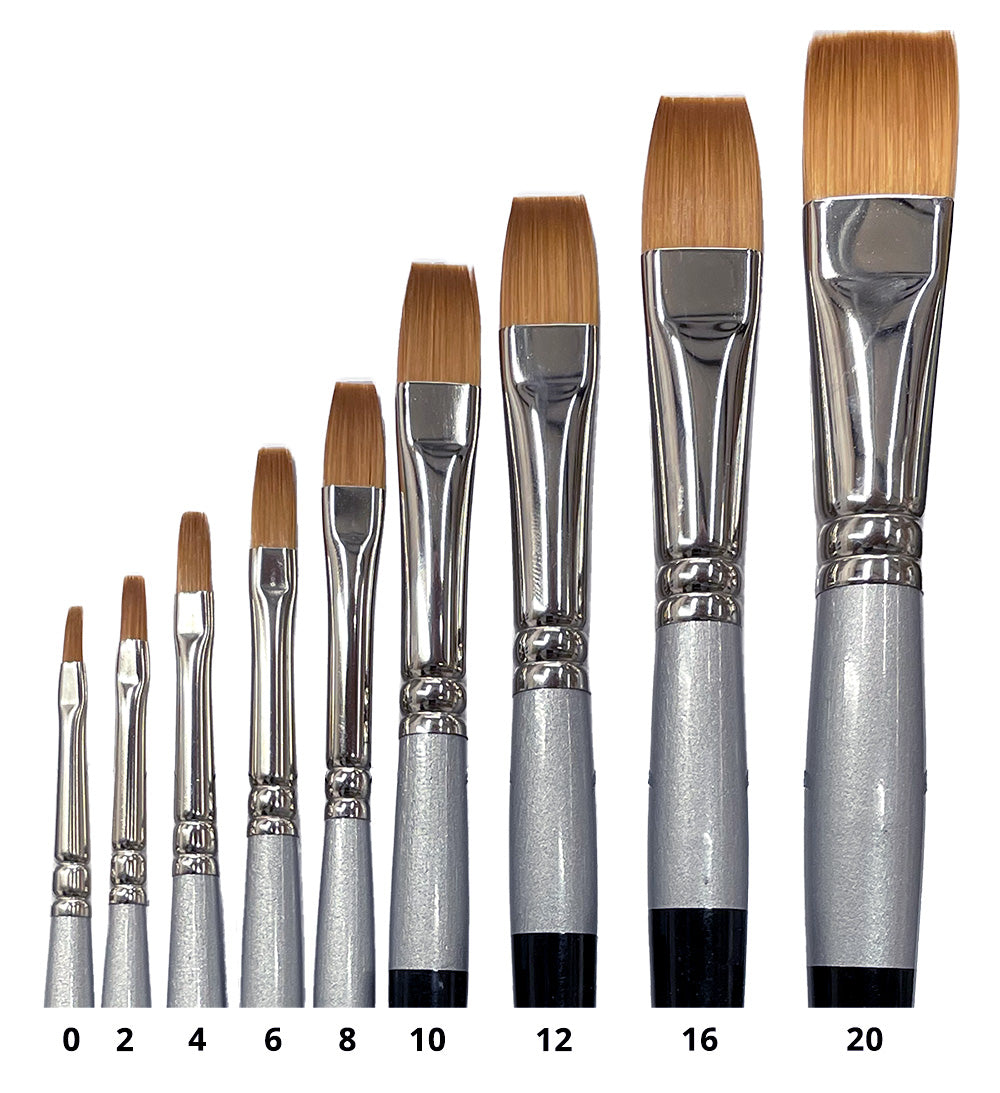 Flat brown-bristled brushes arranged in increasing sizes, from narrow tips to broad flat heads.