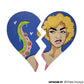 Broken-heart panel painted with a blonde woman's face on one half and a green tentacle on the other.