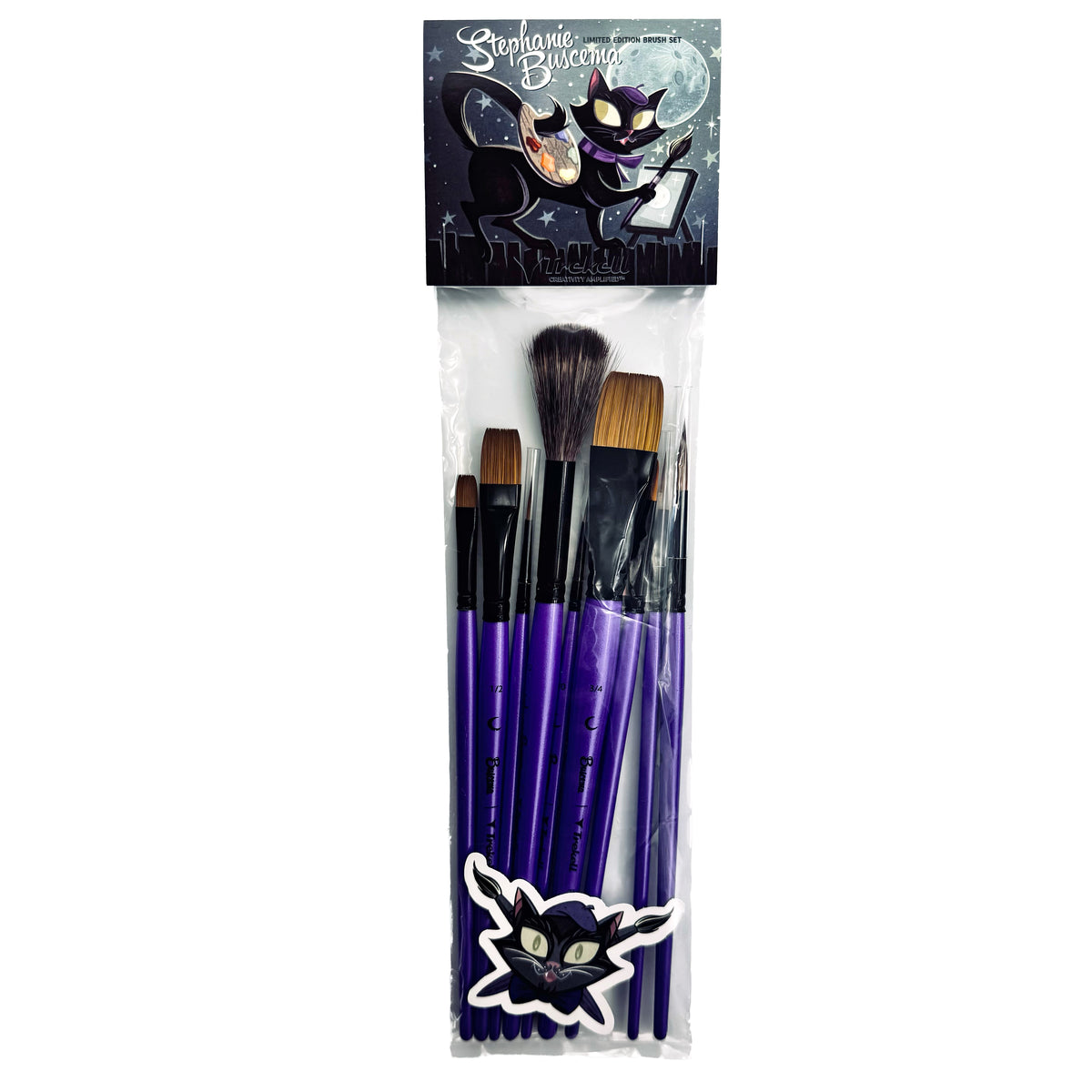 Purple-handled brush set in an illustrated black sleeve beneath a matching artwork card.