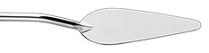 Silver palette knife viewed from the side, showing its bent neck and pointed blade.
