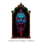 Blue screaming face with red eyes and dripping red paint in a Gothic Abbey frame, credited to Andrew Cadima.