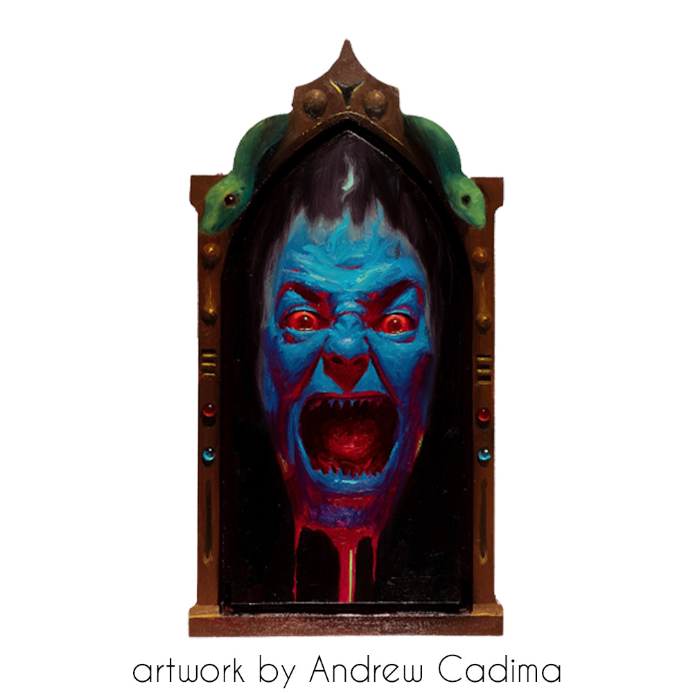 Blue screaming face with red eyes and dripping red paint in a Gothic Abbey frame, credited to Andrew Cadima.