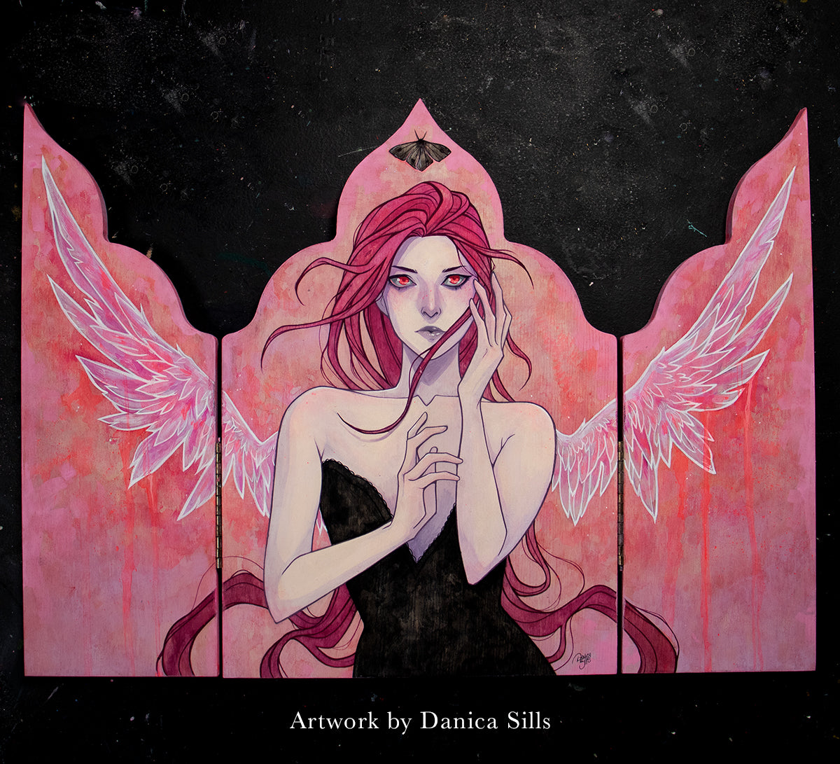 Red-haired woman in a black dress with pink wings across an open Gothic Cathedral altar panel, credited to Danica Sills.