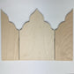 Gothic Cathedral altar panel fully open, unpainted front with three pointed, scalloped sections.