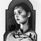 Black-and-white portrait of a woman with branch-like markings inside an arched panel, credited to Chelsea Leopoldo.