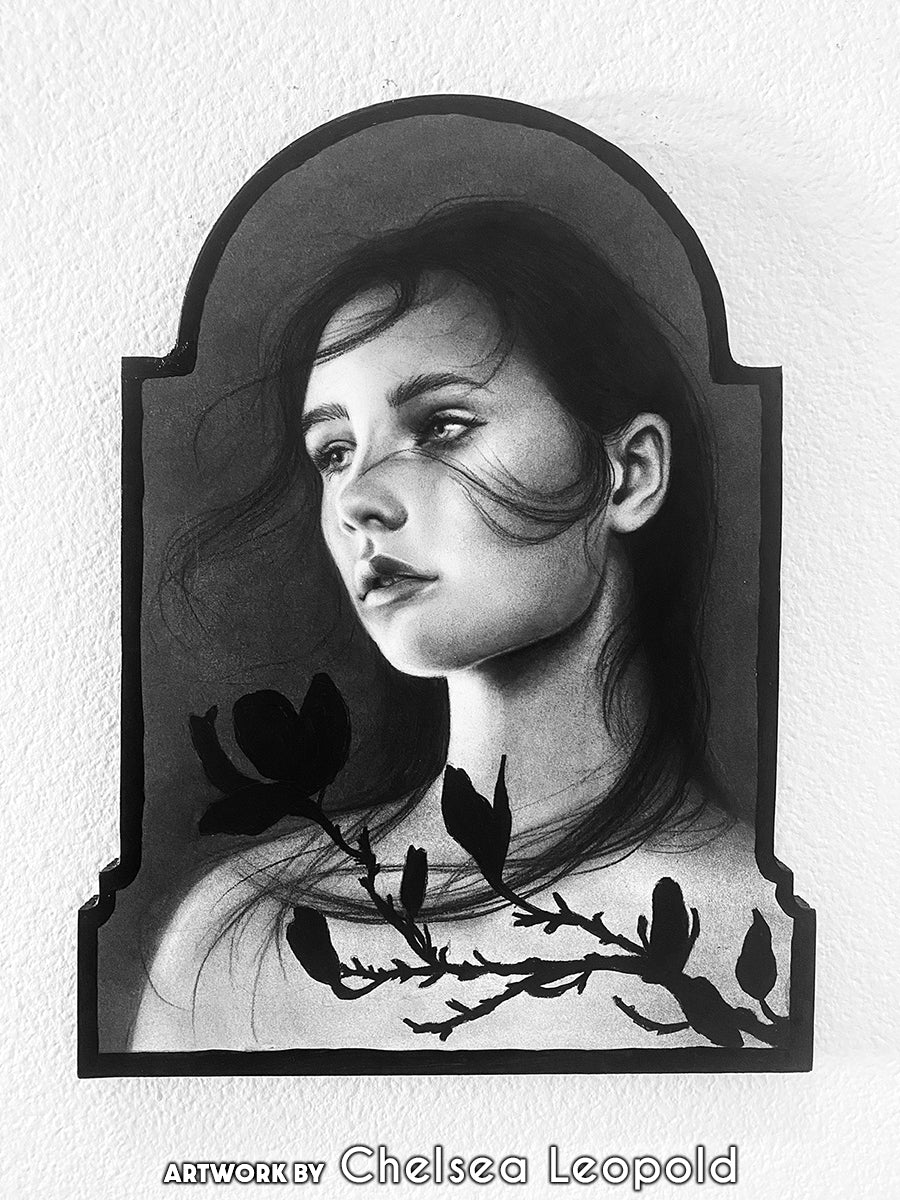Black-and-white portrait of a woman with branch-like markings inside an arched panel, credited to Chelsea Leopoldo.