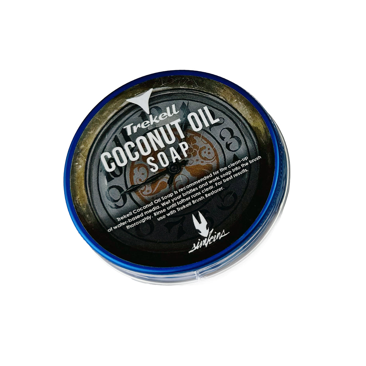 Trekell Simkins Edition Coconut Oil Soap, top view of a round blue tin with a black illustrated label.