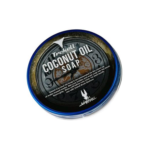Trekell Simkins Edition Coconut Oil Soap, top view of a round blue tin with a black illustrated label.