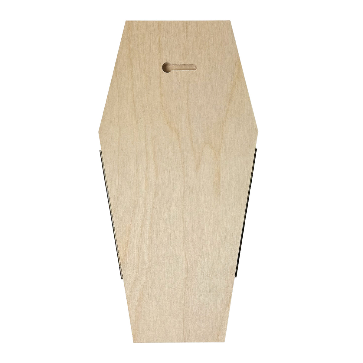 Coffin altar panel back, bare wood with a horizontal keyhole mounting slot.