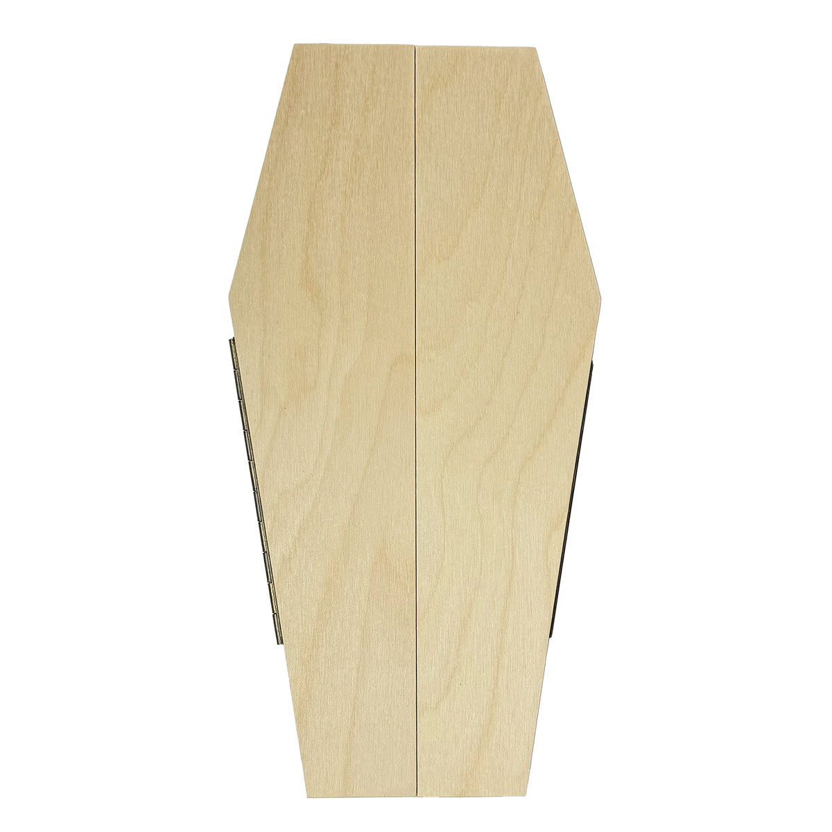 Coffin altar panel closed, unpainted wooden doors meeting along the center.