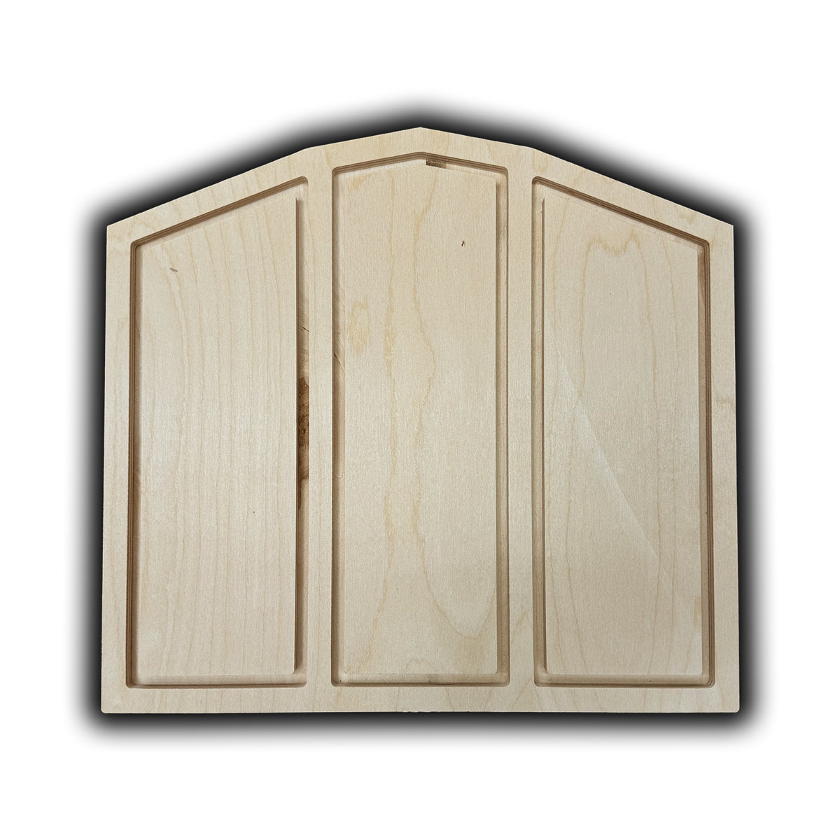 Trekell Contemporary Triptych Floater Panel, three unpainted sections within a peaked wooden frame.