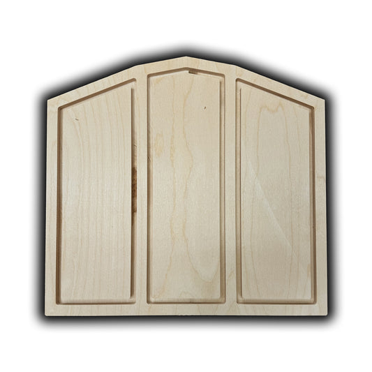 Trekell Contemporary Triptych Floater Panel, three unpainted sections within a peaked wooden frame.
