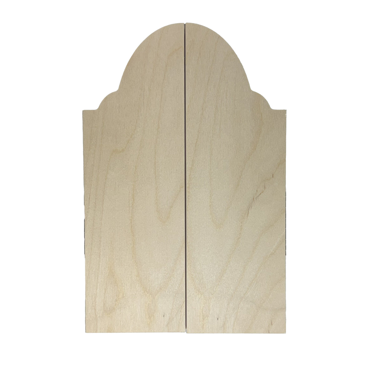 Trekell Cemetery Gate Altar Panel with both wood doors closed, forming a domed top with curved shoulders and a center seam.