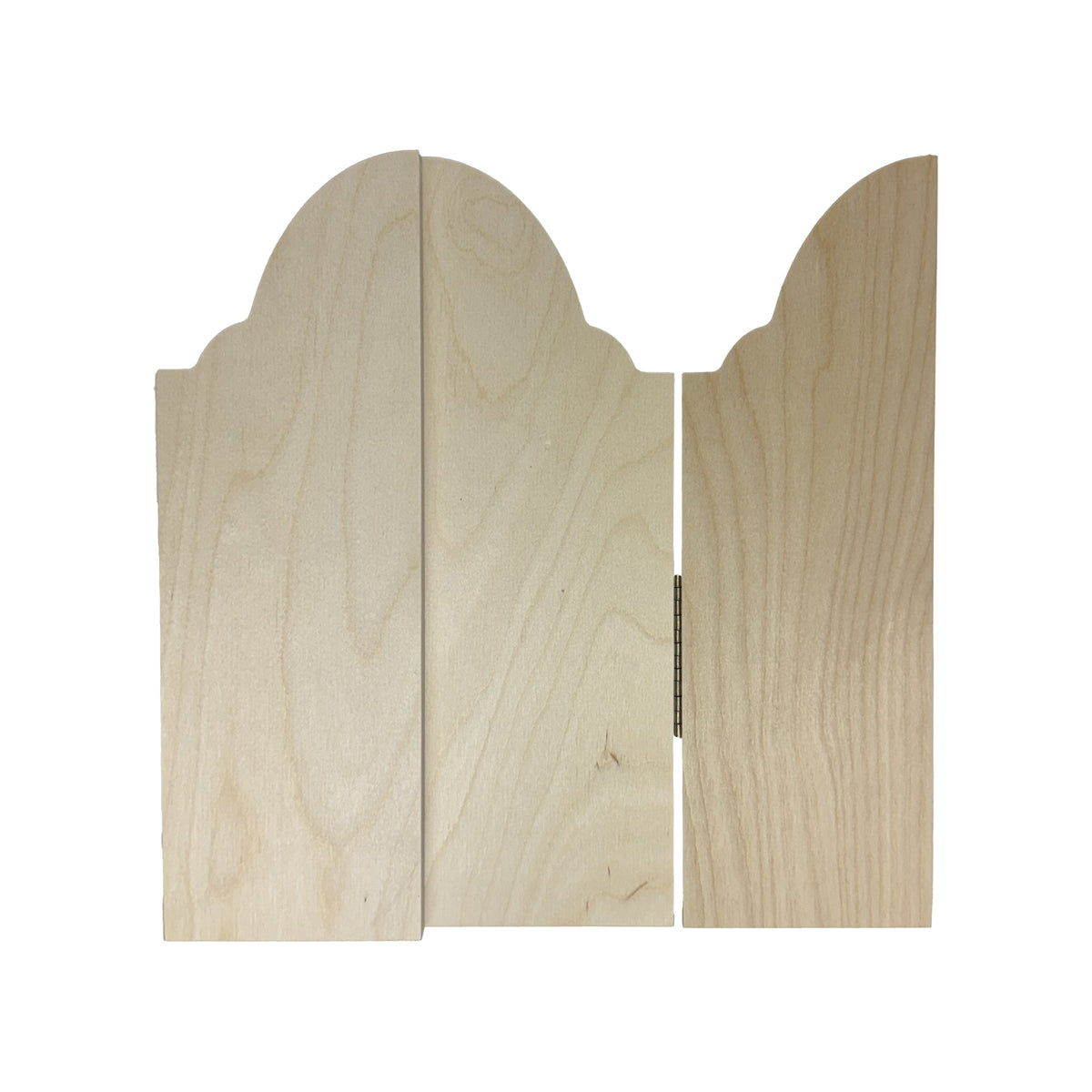 Trekell Cemetery Gate Altar Panel in pale wood, with the left door closed and the right door open.