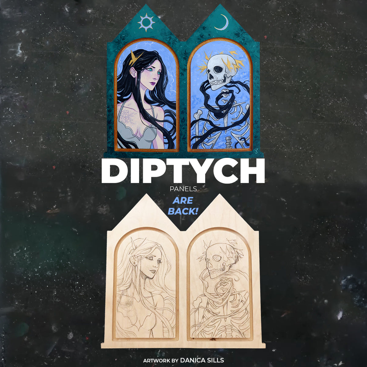 Promotional graphic for Diptych panels showing two illustrated stained-glass-style panels at the top with a woman and a skull, and two unfinished wood panel templates at the bottom with the same artwork outlined. Large text reads 'DIPTYCH' and 'PANELS ARE BACK!'.