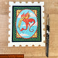 Postage-stamp panel painted with an orange dragon on a blue oval, credited to Lizzy Gass.