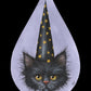 Gray cat wearing a starry black witch hat on a lavender raindrop panel, credited to Mallory Hart.