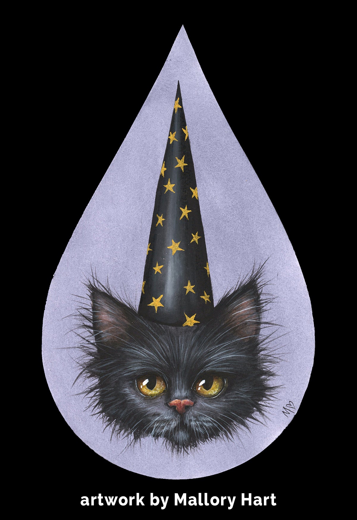 Gray cat wearing a starry black witch hat on a lavender raindrop panel, credited to Mallory Hart.